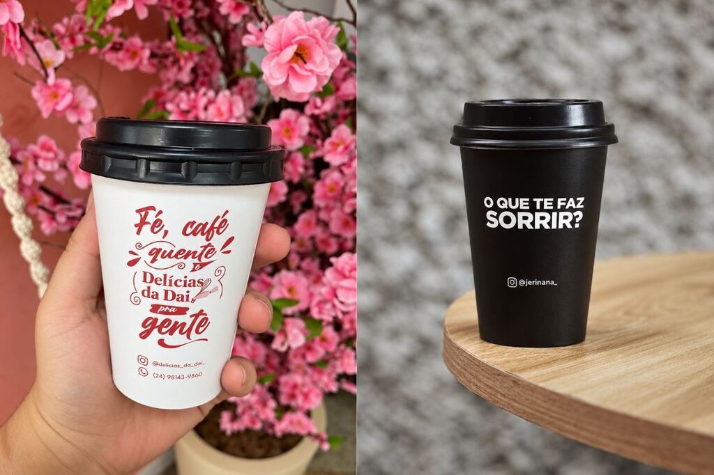 Modelos de copos de papel personalizados com tampa que reforçam a identidade da marca e ajudam no marketing para cafeteria 