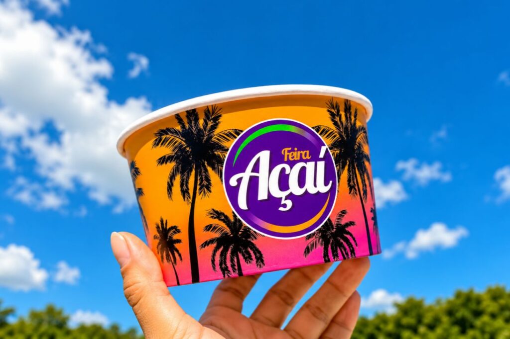 Pessoa segurando bowl de papel personalizado para açaiteria, com impressão colorida e logo da marca