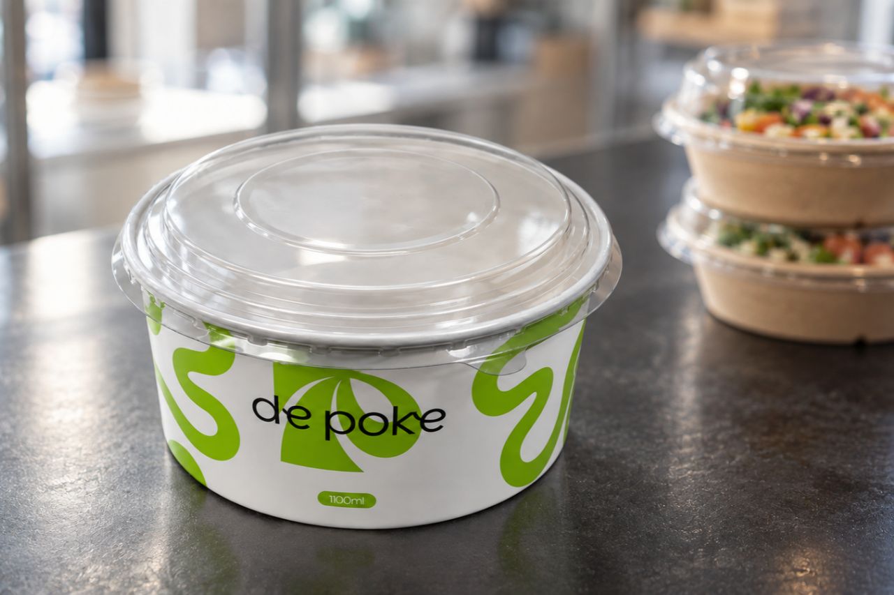 Bowl de papel para delivery de 1000ml personalizado para negócio de poke com tampa transparente em bancada de cozinha