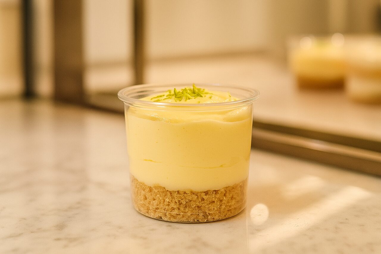 Bolo de pote de limão em embalagem transparente, com creme amarelo e raspas de limão por cima, apoiado em bancada de pedra.