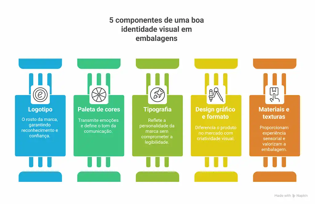 Imagem ilustrativa com cinco colunas coloridas destacando os componentes essenciais da identidade visual em embalagens: logotipo, paleta de cores, tipografia, design gráfico e formato, materiais e texturas. Cada item reforça reconhecimento, emoção, personalidade, criatividade e experiência sensorial.