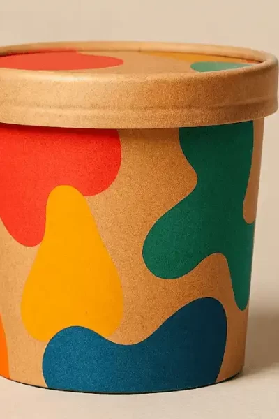 Embalagem cilíndrica de papel kraft com tampa, decorada com formas abstratas coloridas em vermelho, azul, verde, amarelo e laranja. Design moderno e vibrante, ideal para alimentos e perfeita como exemplo de embalagens instagramáveis que atraem atenção nas redes sociais.