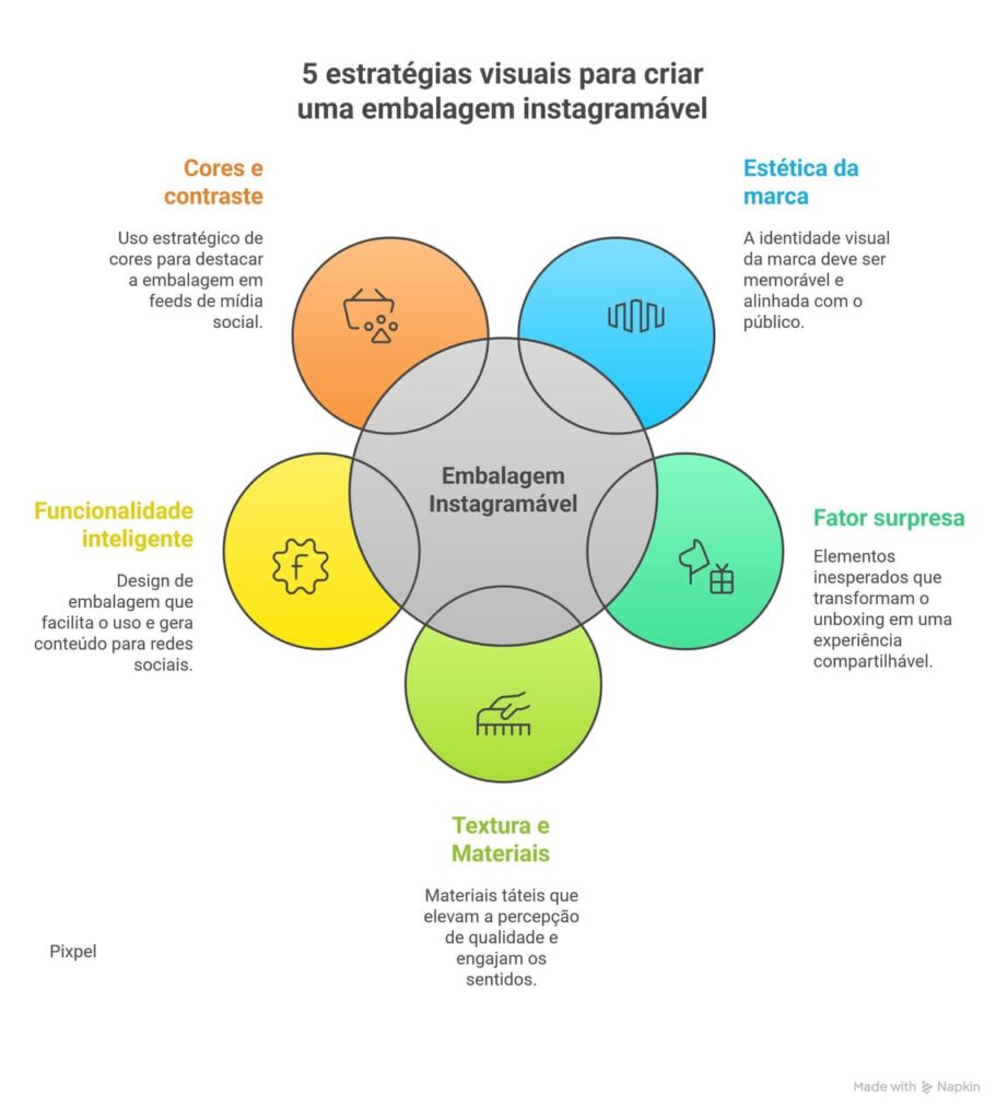 Infográfico apresenta cinco estratégias visuais para criar embalagens instagramáveis: uso de cores e contraste, estética da marca, fator surpresa, textura e materiais, e funcionalidade inteligente. Os elementos se conectam em círculos coloridos, destacando o impacto visual para redes sociais.