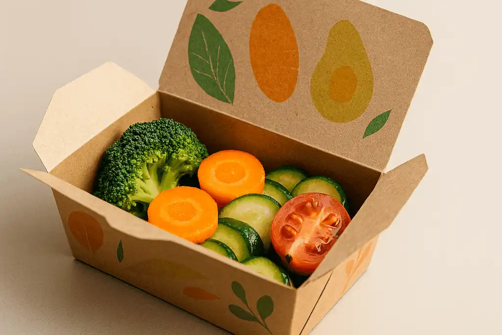 Embalagem de papelão decorada com ilustrações coloridas de frutas e folhas, contendo vegetais frescos como cenoura, pepino, brócolis e tomate. A composição vibrante destaca hábitos saudáveis e reforça o apelo visual das embalagens instagramáveis no universo da alimentação consciente.