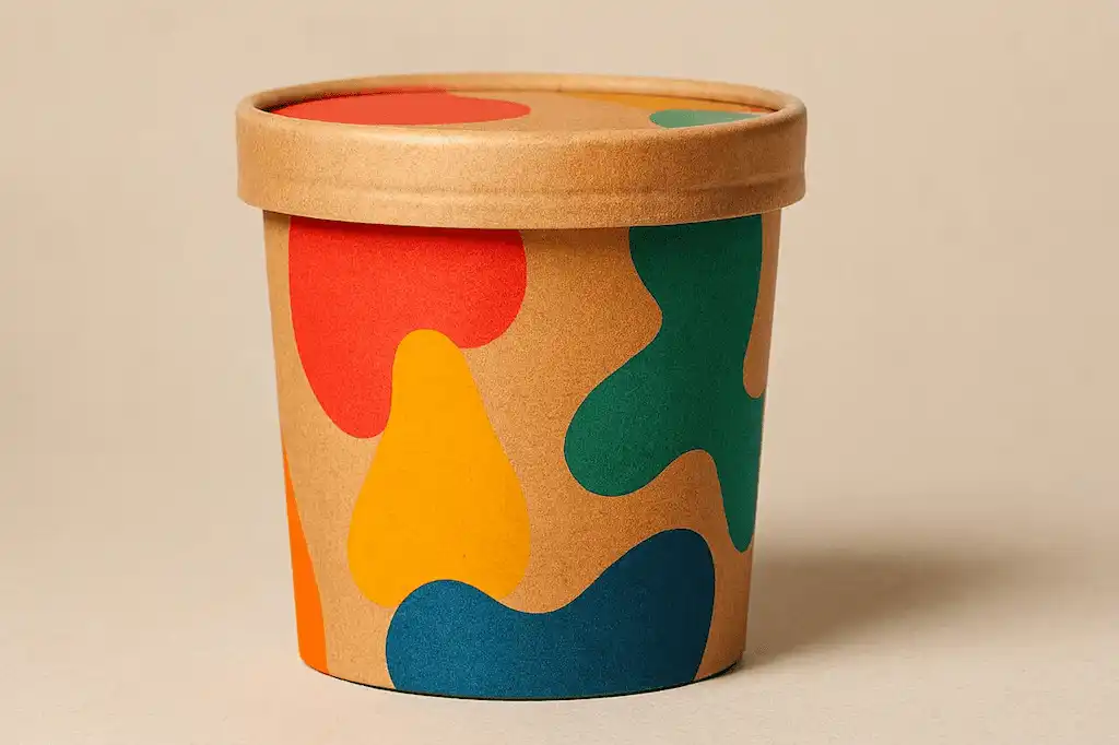 Embalagem cilíndrica de papel kraft com tampa, decorada com formas abstratas coloridas em vermelho, azul, verde, amarelo e laranja. Design moderno e vibrante, ideal para alimentos e perfeita como exemplo de embalagens instagramáveis que atraem atenção nas redes sociais.