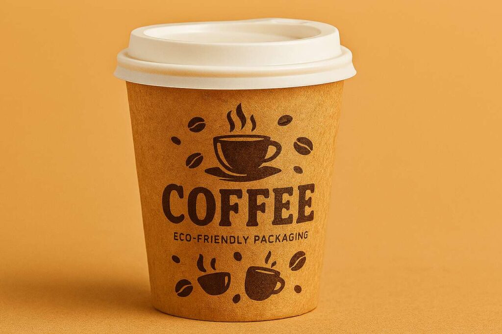 Copo descartável marrom com tampa branca exibe design com ícones de café e texto "COFFEE" e "ECO-FRIENDLY PACKAGING". A identidade visual em embalagens destaca sustentabilidade, apelo estético e comunicação clara.
