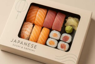 Caixa de sushi e sashimi japonesa elegante, com nigiris de salmão, atum e camarão, rolinhos maki, gengibre e wasabi, embalada em caixa minimalista bege com janela transparente e inscrição ‘Japanese Sushi & Sashimi