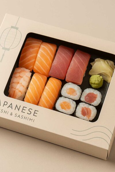 Caixa de sushi e sashimi japonesa elegante, com nigiris de salmão, atum e camarão, rolinhos maki, gengibre e wasabi, embalada em caixa minimalista bege com janela transparente e inscrição ‘Japanese Sushi & Sashimi