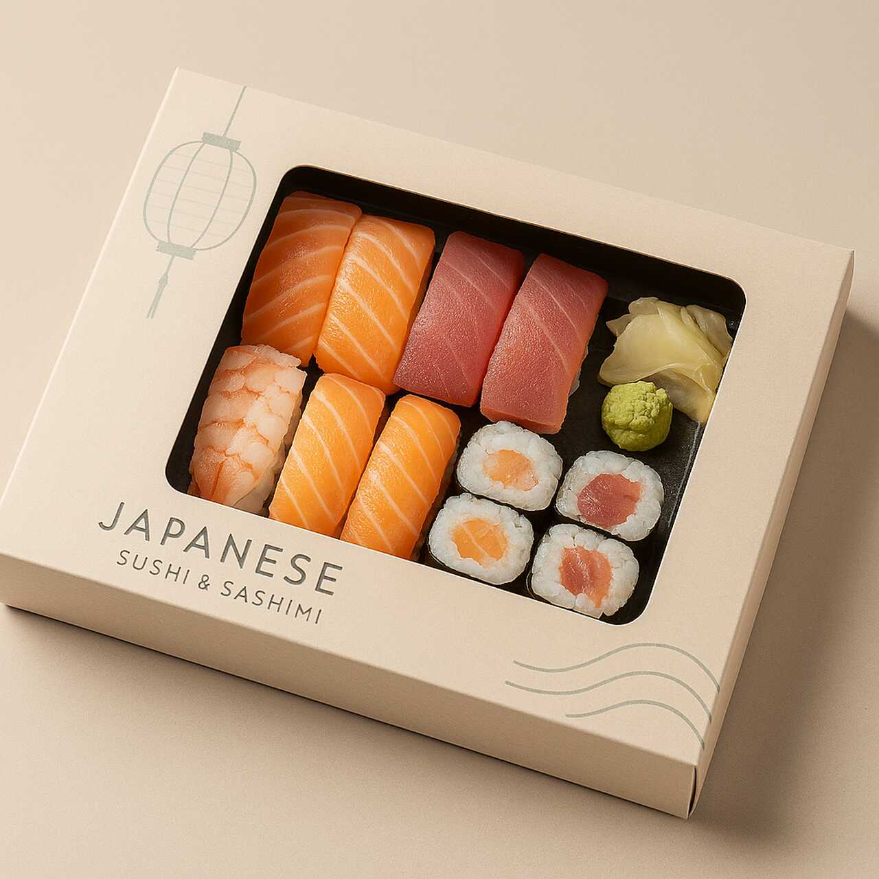 Caixa de sushi e sashimi japonesa elegante, com nigiris de salmão, atum e camarão, rolinhos maki, gengibre e wasabi, embalada em caixa minimalista bege com janela transparente e inscrição ‘Japanese Sushi & Sashimi