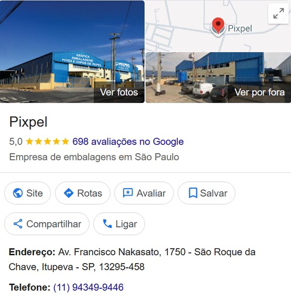 Imagem mostra a fachada da Pixpel, empresa de embalagens em São Paulo, com nota 5,0 no Google. Descubra por que comprar da Pixpel garante qualidade, confiança e excelente reputação.