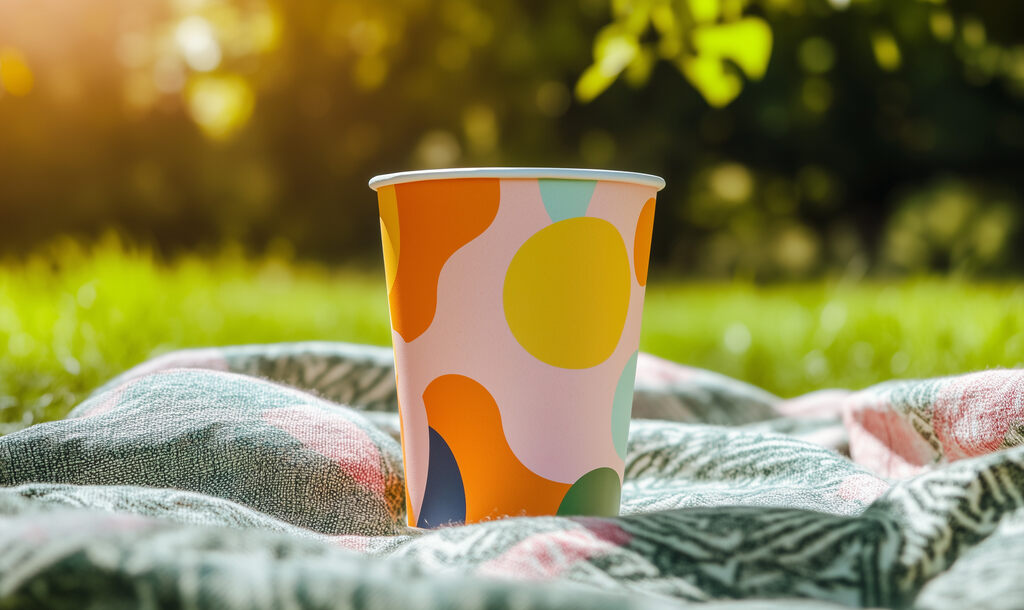 Um copo de papel, com design colorido e abstrato nas cores laranja, amarelo e verde, sobre um tecido quadriculado em um piquenique ou gramado sob a luz do sol, sugerindo sustentabilidade.