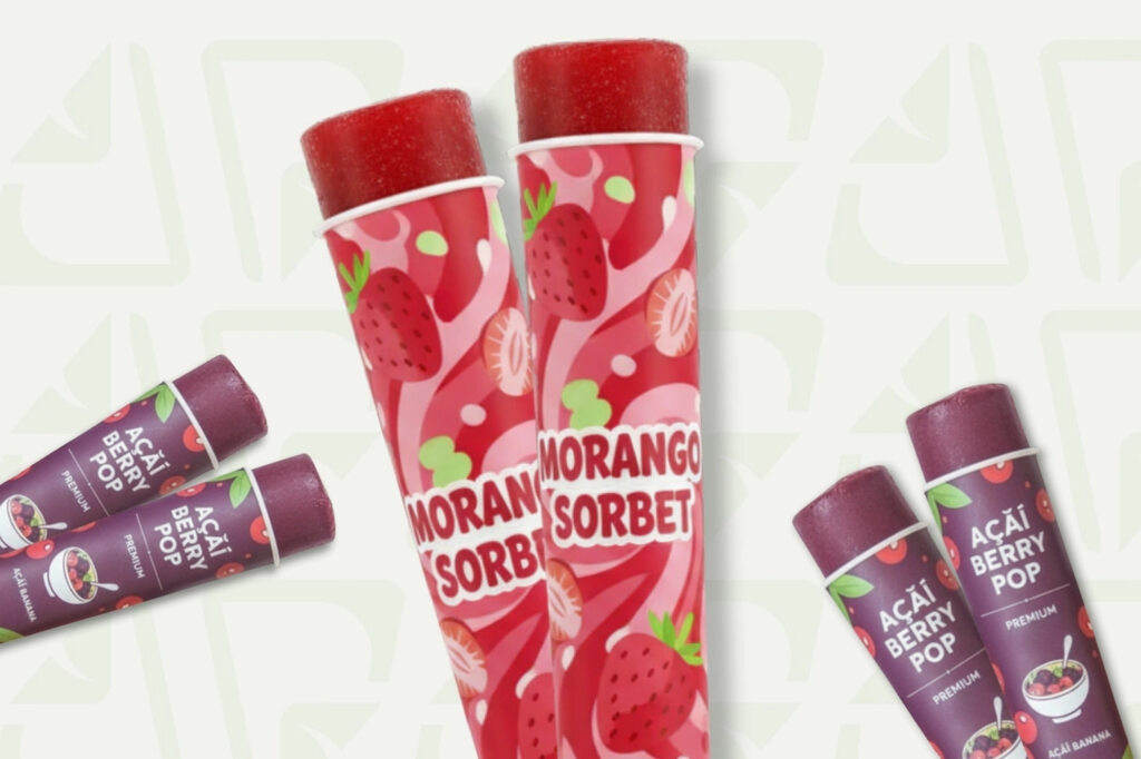 Ice tube personalizado para produtos gelados com identidade da marca, de sorbet de morango e açaí