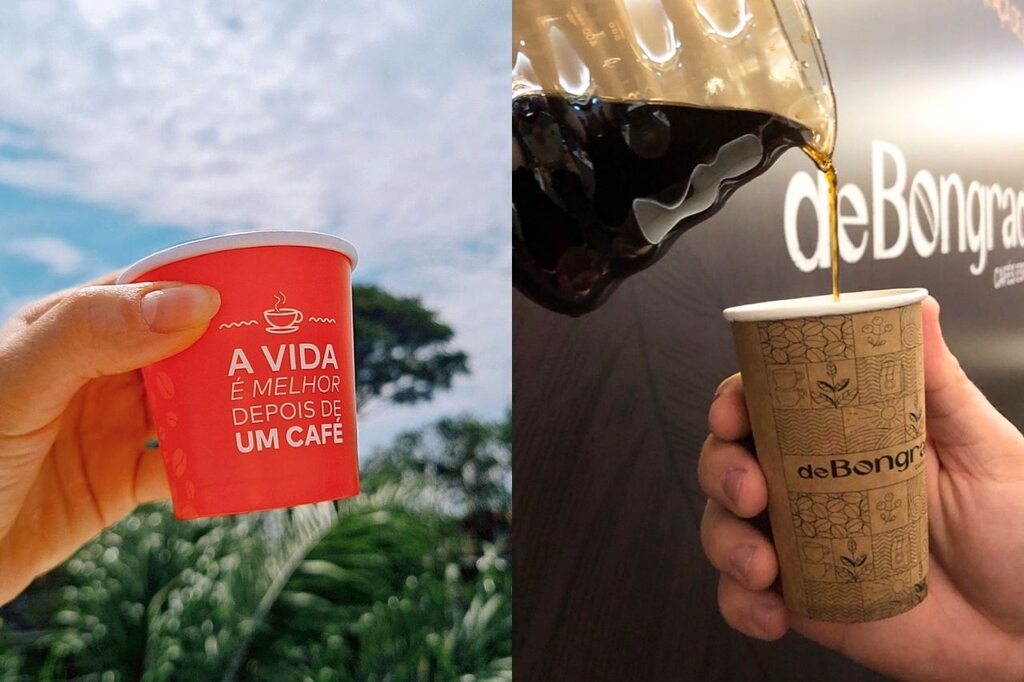 Copo personalizado para cafeteria de papel vermelho com frase e café sendo servido em copo de papel kraft personalizado com logo da marca