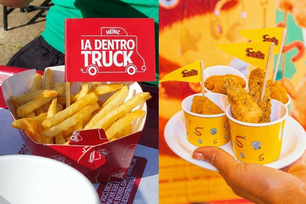 Embalagem de papel com batatas fritas e pote de papel personalizado com pedaços de frango frito, duas opções de embalagem para usar em acompanhamentos na hamburgueria
